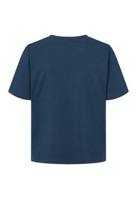 Tmavomodré bavlnené tričko s okrúhlym výstrihom, krátkymi rukávmi a pohodlným strihom. Bezšvové zadné diely bez viditeľných vzorov alebo grafiky.