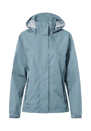 Helleblaue wasserdichte Jacke mit hohem Kragen, verstellbarem Kapuze, Frontreißverschlüssen und elastischen Bündchen. Glatter, strukturierter Stoff mit minimalem Branding.