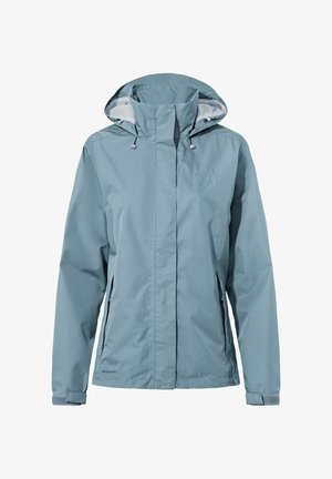 Helleblaue wasserdichte Jacke mit hohem Kragen, verstellbarem Kapuze, Frontreißverschlüssen und elastischen Bündchen. Glatter, strukturierter Stoff mit minimalem Branding.