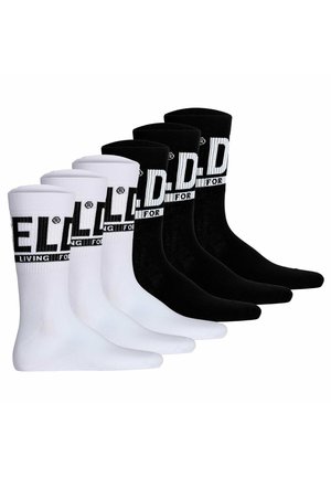 Tres pares de calcetines de tripulación en blanco y negro. Material de algodón, banda superior acanalada, logo impreso con "LIVING FOR" en la banda.