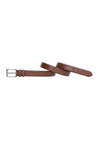 Bruine leren riem met een rechthoekige zilveren metalen gesp, met gelijkmatig verdeelde gaatjes en een gladde textuur. Flexibel ontwerp en klassieke vorm.