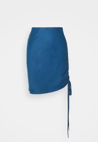 Blauer, geraffter Minirock mit glatter Textur und verstellbarem seitlichem Bindeband. Hat ein tailliertes Design, das sich zum Saum hin verjüngt.