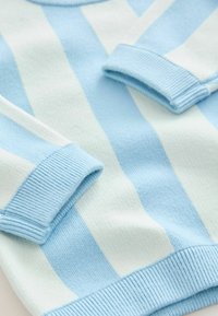 Maglione a righe blu chiaro e bianche con polsini e scollo a coste. Texture morbida, maglia di peso medio, con righe alternate larghe e strette.