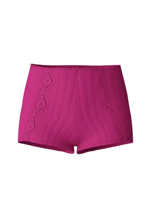 Fuchsia korte panties van een textuurstof, met golvende kanten details aan de zijkanten en een kleine strikaccent bij de taille.