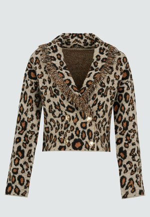 Leopardenmuster Cardigan in cropped Schnitt mit Reverskragen, fransigen Kanten und goldfarbenen Doppelknöpfen. Hergestellt aus weichem Stoff mit strukturiertem Design.