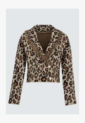 Leopardenmuster Cardigan in cropped Schnitt mit Reverskragen, fransigen Kanten und goldfarbenen Doppelknöpfen. Hergestellt aus weichem Stoff mit strukturiertem Design.
