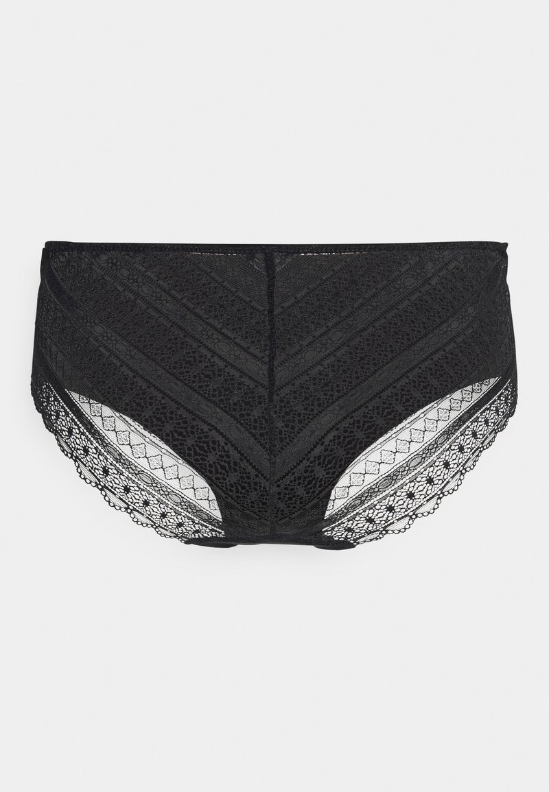Culotte en dentelle noire avec un motif géométrique, présentant des bords festonnés et un design semi-transparent sur les côtés. Tissu texturé.