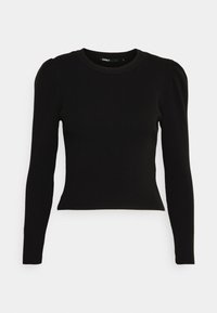 Pull noir à manches longues côtelé avec un col rond et des détails d'épaule bouffante. Silhouette ajustée avec une texture lisse et un tissu extensible.