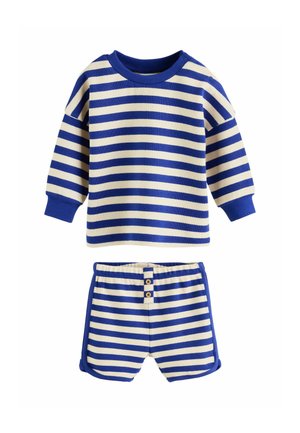 Toddler outfit with long-sleeve top and shorts, featuring blue and cream horizontal stripes and blue ribbed cuffs.