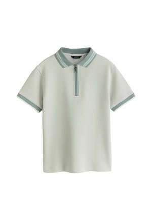 Rövid ujjú kötött galléros póló texturált anyagból, zöld gallérral és ujjmandzsettával, valamint elöl cipzáras záródással.