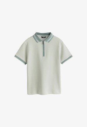 Lyhythihainen neulottu poolopaita, jossa on teksturoitu kangas, vihreä kaulus ja hihansuut sekä edessä vetoketju.