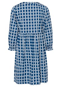  blau-weißer gemusterter Kleid mit rundem Ausschnitt, langen Ärmeln, geraffter Taille und kreisförmigen Motiven auf dem gesamten Stoff.