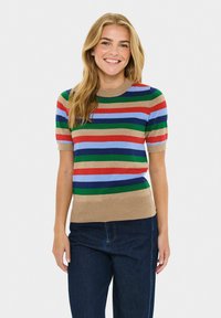 Vrouw die glimlacht en een kort mouw gebreid sweater draagt met horizontale strepen in beige, rood, groen, blauw en marineblauw, gecombineerd met donkerblauwe jeans.