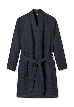 Tummanharmaa, vohvelikuvioinen kimono, jossa on leveät hihat, etulenkki ja kaksi etutaskua. Suunniteltu mukavuutta ja helppokäyttöisyyttä varten.