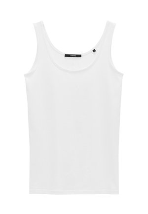 White tank top made of smooth fabric, featuring a round neckline and wide straps. Simple design with no visible patterns or accents.