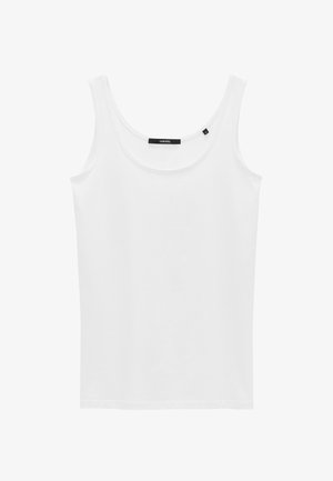 White tank top made of smooth fabric, featuring a round neckline and wide straps. Simple design with no visible patterns or accents.