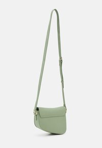 Petit sac bandoulière vert clair avec bandoulière ajustable et quincaillerie dorée, sur un fond blanc uni.