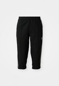 Pantaloni sportivi neri con vita elastica, tasche laterali con zip e strisce bianche lungo le cuciture. Realizzati in un materiale liscio e durevole.