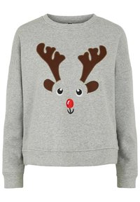 Sudadera gris con una cara de reno, cuernas marrones, ojos negros y una nariz roja. Fabricada con una tela suave y con un corte relajado.