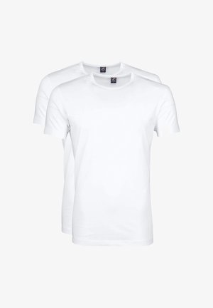 Korte mouwen witte katoenen t-shirts, met een ronde hals en een gladde textuur, gepresenteerd in een verpakking van twee.