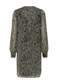 Robe à imprimé léopard en tissu transparent. Elle présente de longues manches bouffantes et une coupe décontractée. La palette de couleurs comprend le beige, le noir et le marron.