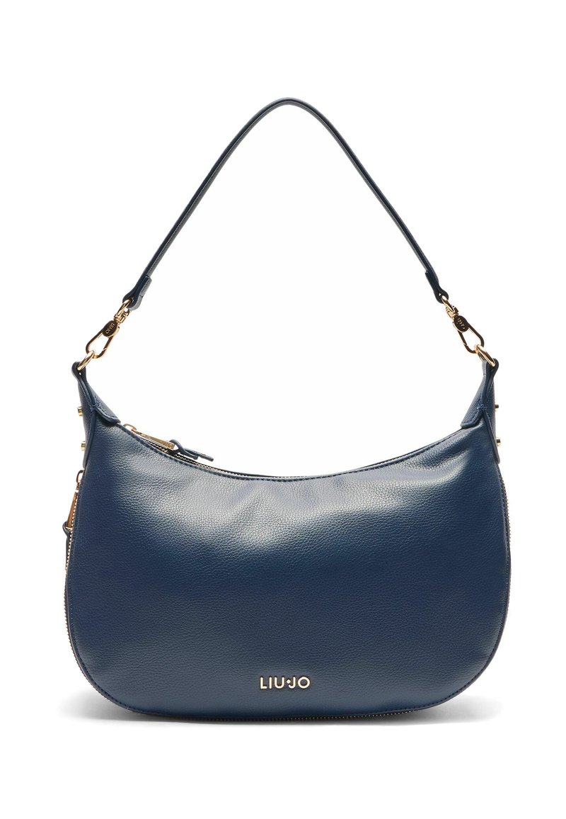 Blaue Lederschultertasche mit geschwungener Form, goldenen Hardware-Elementen und einem Reißverschlussverschluss. Verfügt über ein Markenlogo auf der Vorderseite.
