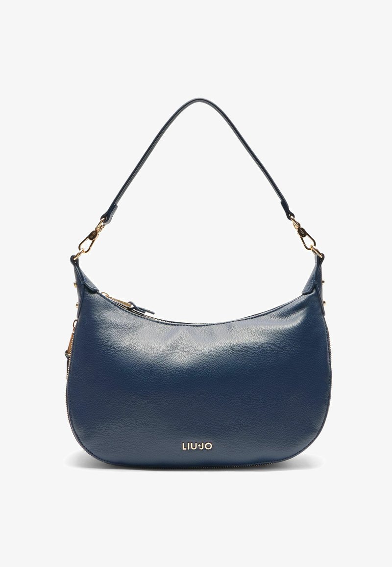 Borsa a spalla in pelle blu con forma curva, dettagli in metallo dorato e chiusura con zip. Presenta un logo del brand sulla parte anteriore.
