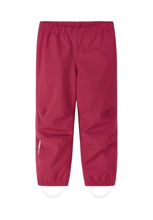 Pantaloni impermeabili rossi per bambini con vita elasticizzata e polsini alle caviglie, dotati di una striscia riflettente sulla gamba sinistra e di staffe bianche sotto i polsini.