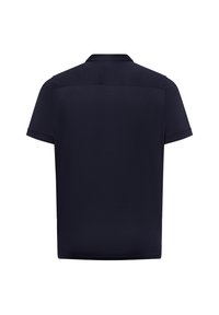 Marineblaues Poloshirt mit kurzen Ärmeln, klassischem Kragen und glattem, leichtem Stoff. Verfügt über einen geraden Saum und ein minimalistisches Design.