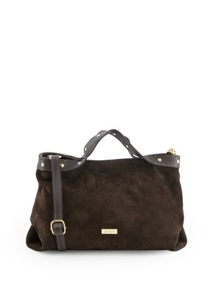 Sac à main en daim marron foncé avec poignées en cuir, clous dorés, bandoulière réglable et petite plaque logo "Venezia" dorée à l'avant.