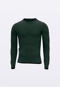 Zelený pletený svetr s dlouhými rukávy, kulatým výstřihem a žebrovanými manžetami a lemem. Hladká textura a přiléhavý střih.