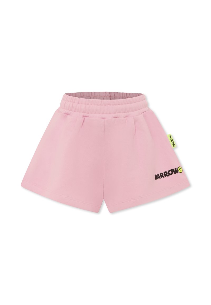 Pantaloni corti rosa con una cintura elastica, caratterizzati da un logo nero sul davanti e un'etichetta verde sul lato. Tessuto dalla superficie liscia.