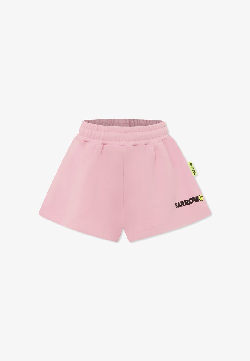Pantaloni corti rosa con una cintura elastica, caratterizzati da un logo nero sul davanti e un'etichetta verde sul lato. Tessuto dalla superficie liscia.