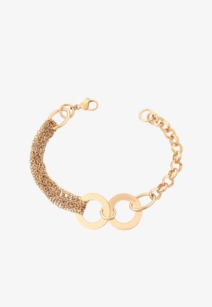Zlatý náramek se skládá z jemných řetízků a dvou vzájemně propojených kruhových akcentů, s uzávěrem na krabicovou sponu.
