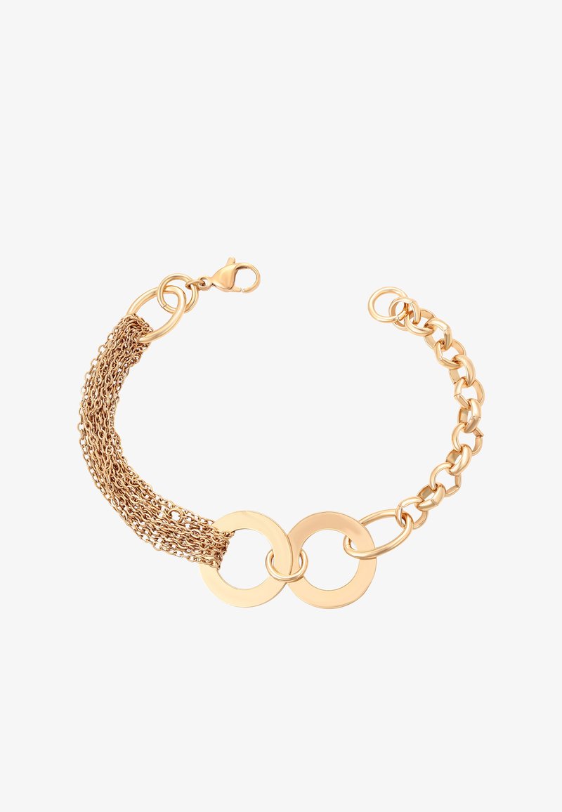 Aranyszínű karkötő, amely finom láncok kombinációjából és két egymásba fonódó kör alakú díszből áll, rákcsípős záródással.