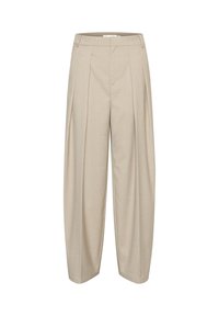 Pantaloni beige a gamba larga con pieghe, realizzati in tessuto testurizzato, con vita alta e un design pulito e sartoriale.