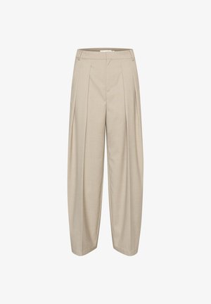 Beige wijde pantalon met plooien, gemaakt van textuurstof, met een hoge taille en een schone, tailormade uitstraling.