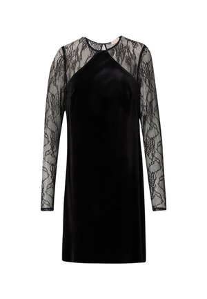 Abito in velluto nero con maniche lunghe in pizzo trasparente, scollatura rotonda e silhouette aderente. Design classico con dettagli in pizzo delicato.