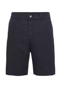 Pantaloni corti in lino blu navy con fronte piatto, chiusura con un pulsante, passanti per cintura e gambe dritte. Tessuto liscio con minimalismo nei dettagli.