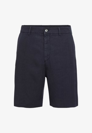 Navy blue linen shorts with a button closure, flat front, belt loops, and side pockets. Textured fabric with a relaxed, structured fit.