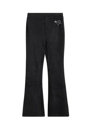 Pantaloni neri a campana realizzati in un tessuto morbido e testurizzato. Presentano un piccolo ricamo a forma di cuore e freccia sul lato sinistro.