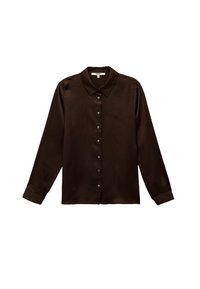 Braunes Satin-Langarmhemd mit spitzem Kragen, durchgehender Knopfleiste vorne und knöpfbaren Manschetten. Glatte Textur mit einem weichen, glänzenden Finish.