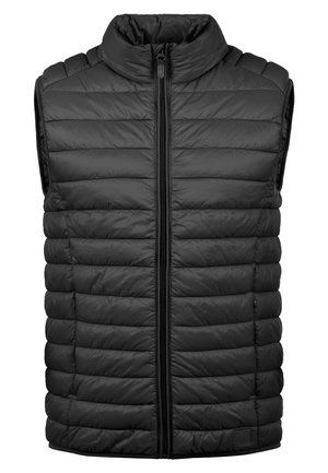Gilet isolato nero con colletto alto, chiusura con zip frontale e design a cuciture orizzontali. Texture liscia con una leggera lucentezza e senza maniche.