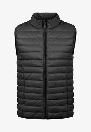 Czarna ocieplana kamizelka z wysokim kołnierzem, zapinana na zamek błyskawiczny, z poziomym pikowaniem. Gładka tekstura o subtelnym połysku i bez rękawów.