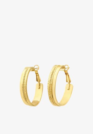 Boucles d'oreilles créoles en or avec une bande centrale texturée et des bords polis, munies de fermoirs à charnière.