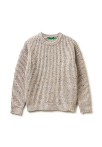 Strickpullover in Hellbeige mit blauen Sprenkeln. Verfügt über einen Rundhalsausschnitt, gerippten Textur und ein kleines Logopatch am Saum.
