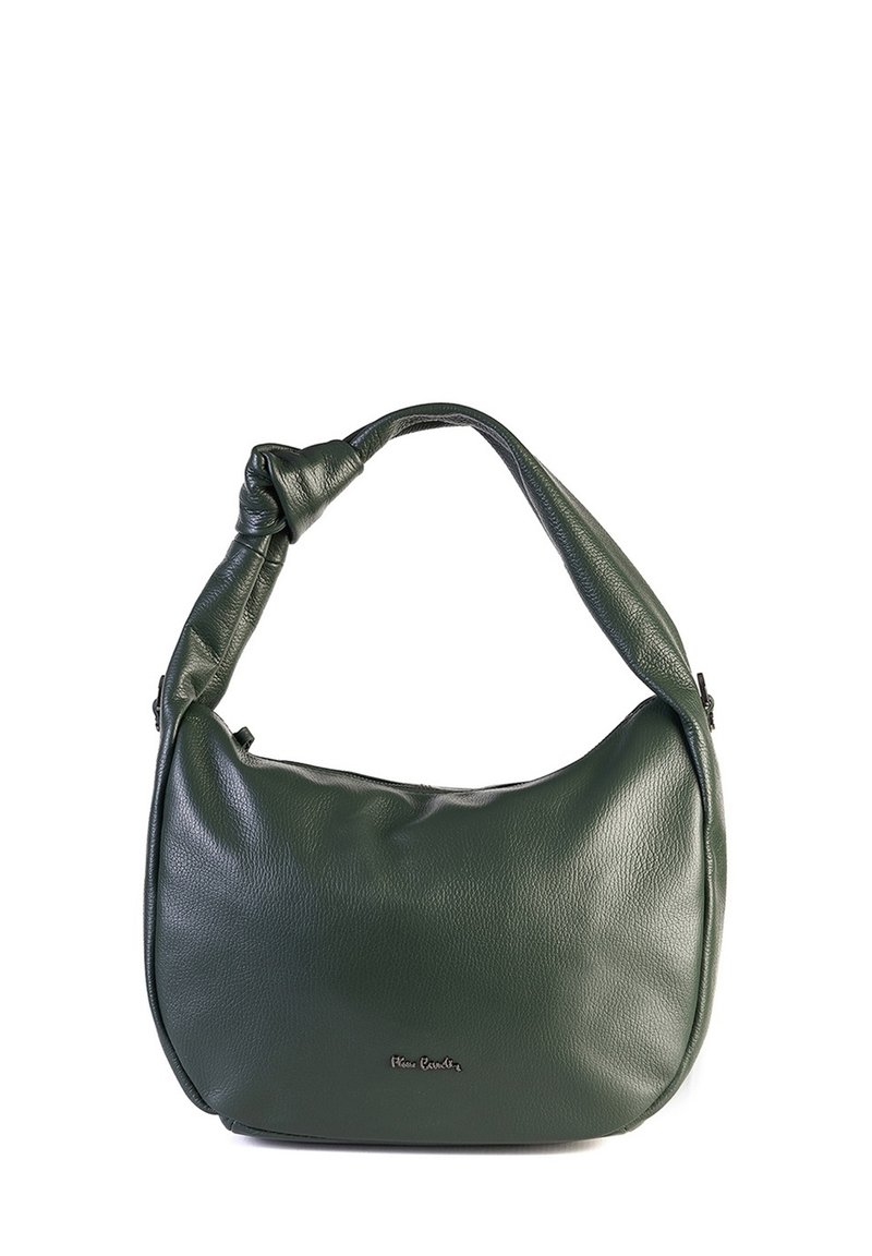 Borsa a spalla in pelle verde scuro con tracolla annodata e piccolo logo metallico del marchio sul fronte, posizionata su uno sfondo bianco.