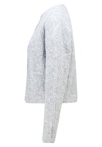 Light gray knitted sweater, cropped design, textured finish, long sleeves, round neckline, with subtle diagonal patterns.