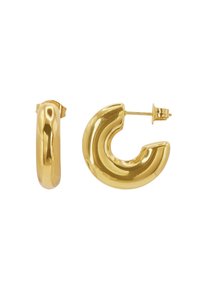 Orecchini in tono dorato con una finitura lucida, di cui uno a forma di spirale e l'altro con un semplice design a cerchio.