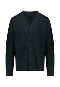 Donkergroene gebreide cardigan met V-hals, zes zwarte knopen aan de voorkant en geribbelde manchetten en zoom. Zachte textuur en casual ontwerp.